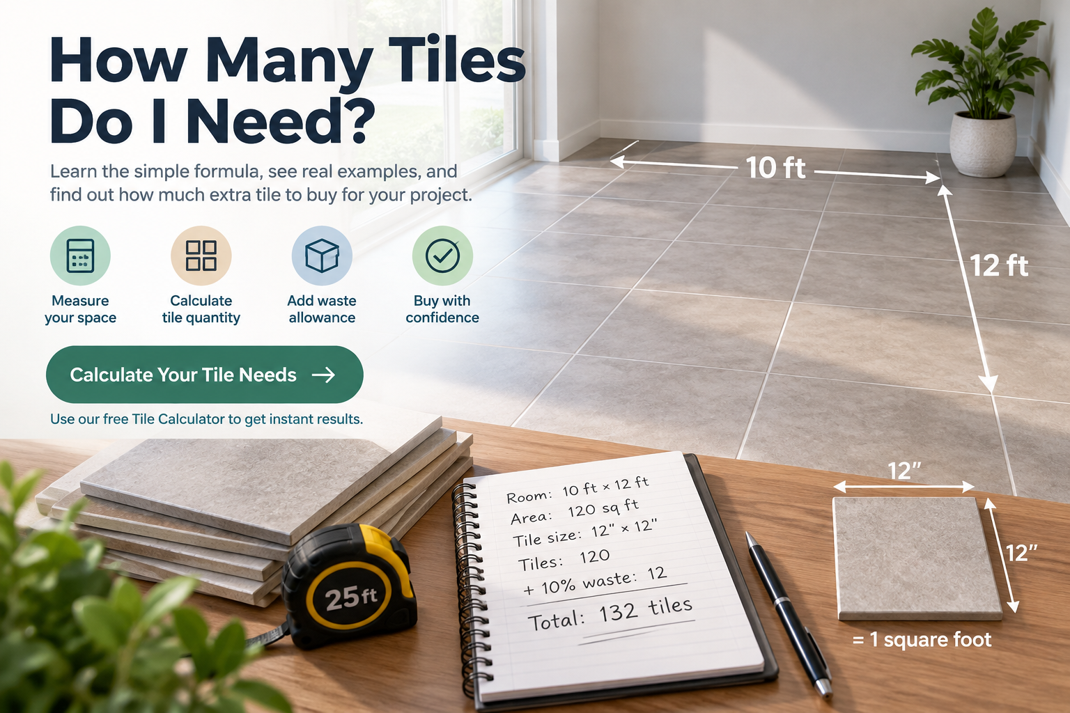 Tile measurement guide showing a 10 by 12 foot room, 12 by 12 inch tile, and 132 tiles including 10% waste